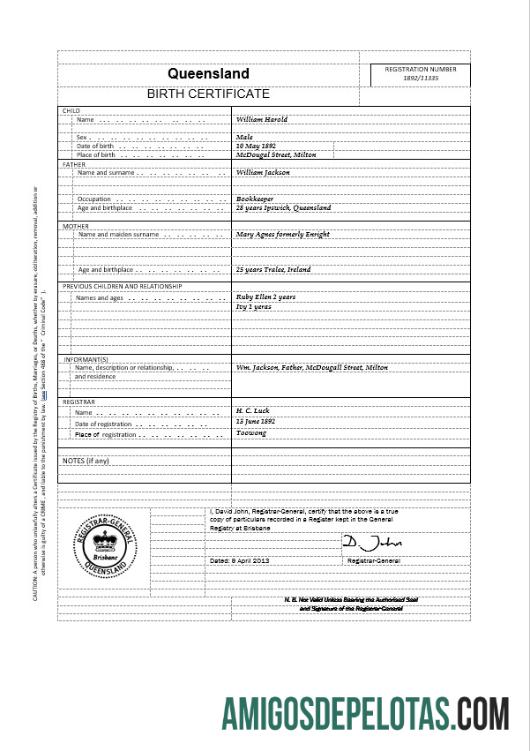 Realista modelo de certidão de nascimento de Austrália Queensland no Word
